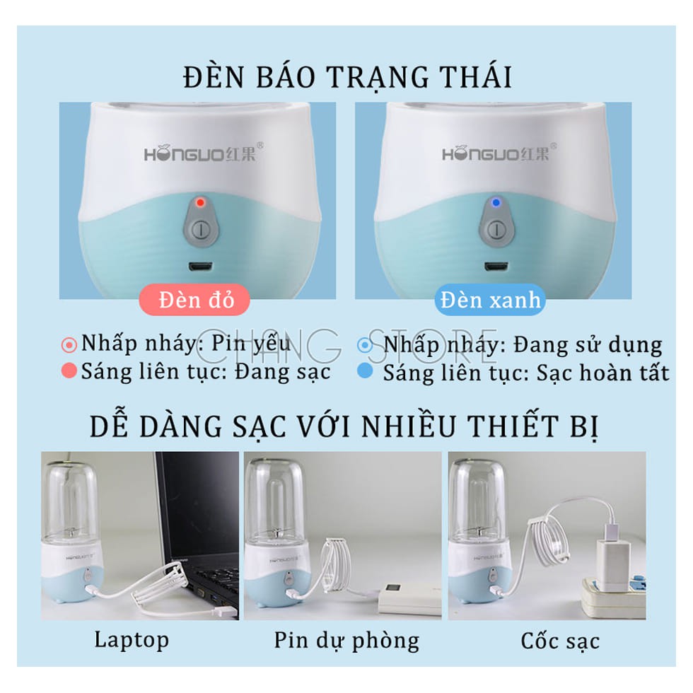 Máy Xay Sinh Tố Mini Cầm Tay Cao Cấp Honguo Sạc Pin Dung Tích 300ml