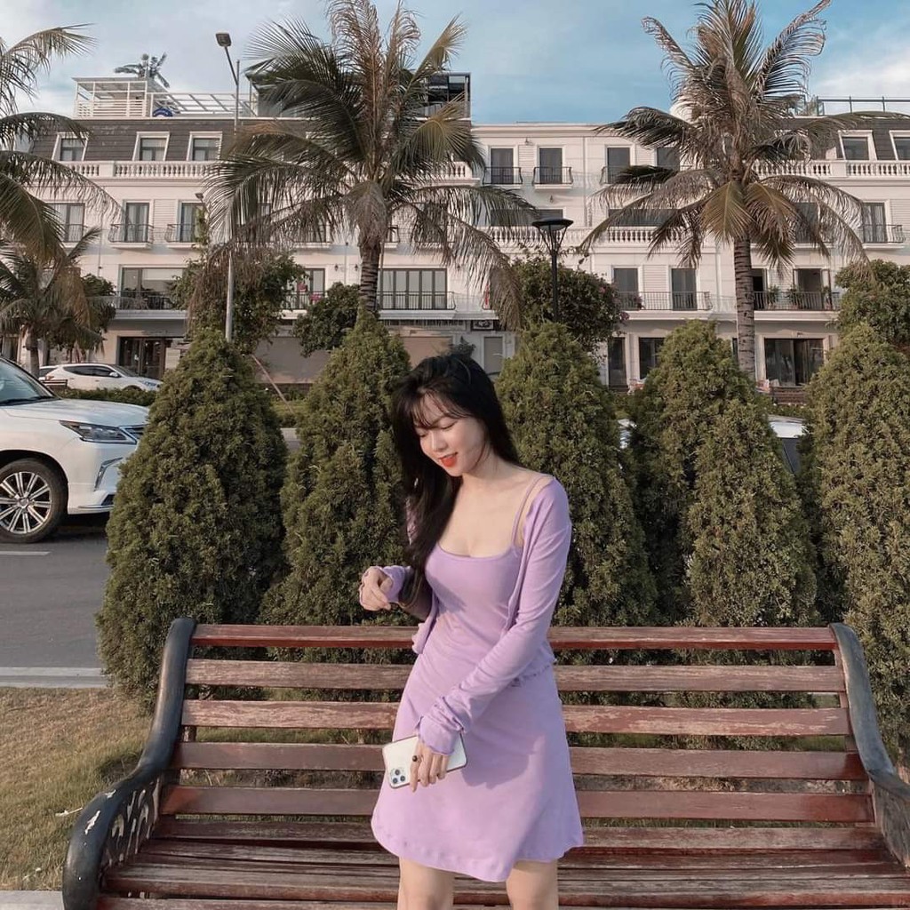 SET VÁY 2 DÂY TRƠN MIX ÁO KHOÁC NGOÀI CARDIGAN - SET 2 MÓN VÁY HAI DÂY BODY + ÁO KHOÁC ÁO CROPTOP CÀI CÚC ĐEN XÁM TÍM HO | BigBuy360 - bigbuy360.vn