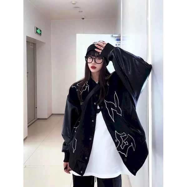 Áo Bomber Kaki Phối Tay Da, Áo Thêu Nổi, Thời Trang Unisex From Rộng, Hàng 2 Lớp Cao Cấp