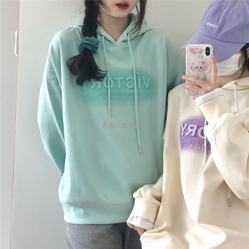 Áo hoodie dáng rộng in chữ mặc vào mùa thu và mùa đông cho nữ