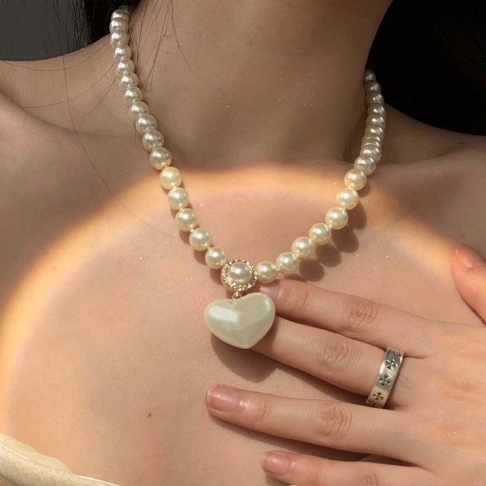 AROMA Vòng cổ Choker Mặt Trái Tim Đính Ngọc Trai Nhân Tạo Phong Cách Hàn Quốc