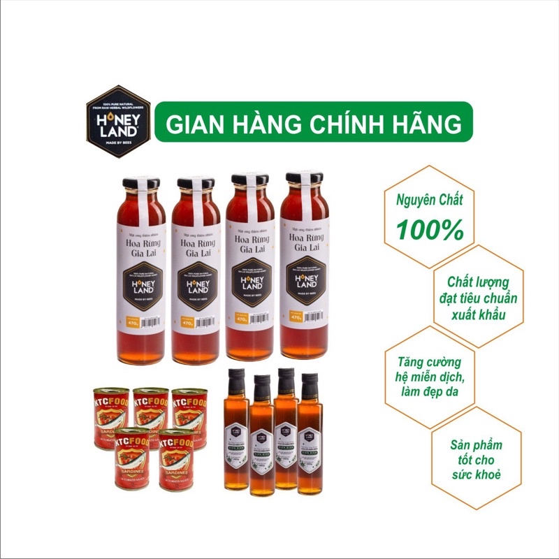 Combo 4 chai mật ong rừng Gia Lai 470g/chai TẶNG 4 chai Mật Ong Hoa Điện Biên 380 g/chai &amp; 5 Hộp Cá mòi Honeyland