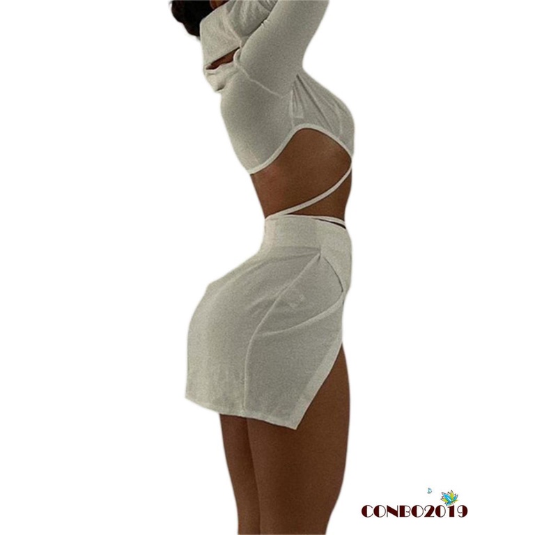 HGM-Women’s Sexy Tops and Skirt Suit Fashion Solid Color Long Sleeve Cardigan and Split Short Skirt