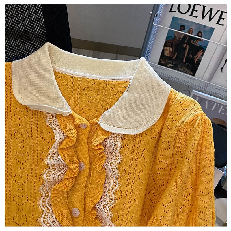 Áo Thun Tay Ngắn Phồng Cổ Polo Phối Ren Thời Trang Mùa Hè