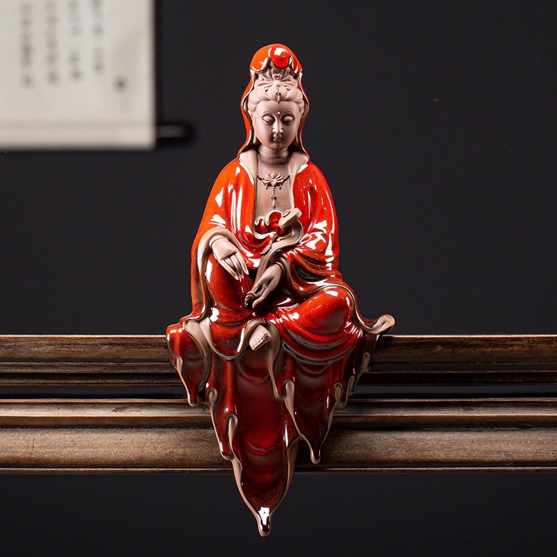 Tượng Quan Âm Bồ Tát cầm gậy Như ý ngồi thiền tịnh gốm tử sa cao cấp- Tượng phật trang trí decor không gian thiền tịnh