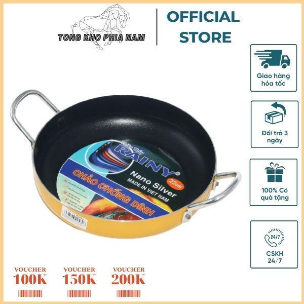 Chảo 2 quai chống dính 22cm sơn màu vàng Rainy bền đẹp