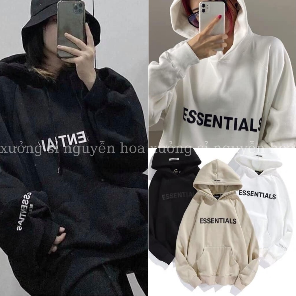 Áo nỉ hoodie có mũ in chữ esentials kiểu dáng unisex nam nữ mặc đều đẹp (kèm video/ảnh thật) Xưởng Sỉ Nguyễn hoa