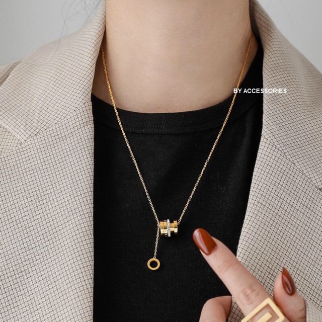 Dây chuyền titan vòng trụ đính đá thả dài không gỉ WN200406