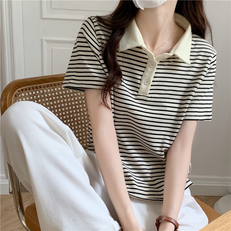 Áo polo cotton Tay Ngắn Dáng Rộng Họa Tiết Kẻ Sọc Thời Trang Mùa Hè 2022 Mới Cho Nữ