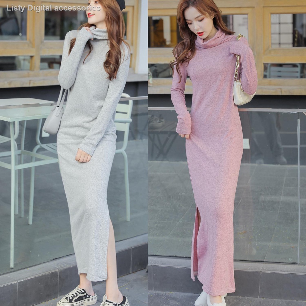 Đầm len lông cừu dài cổ cao xẻ tà thời trang thu đông mới cho nữ