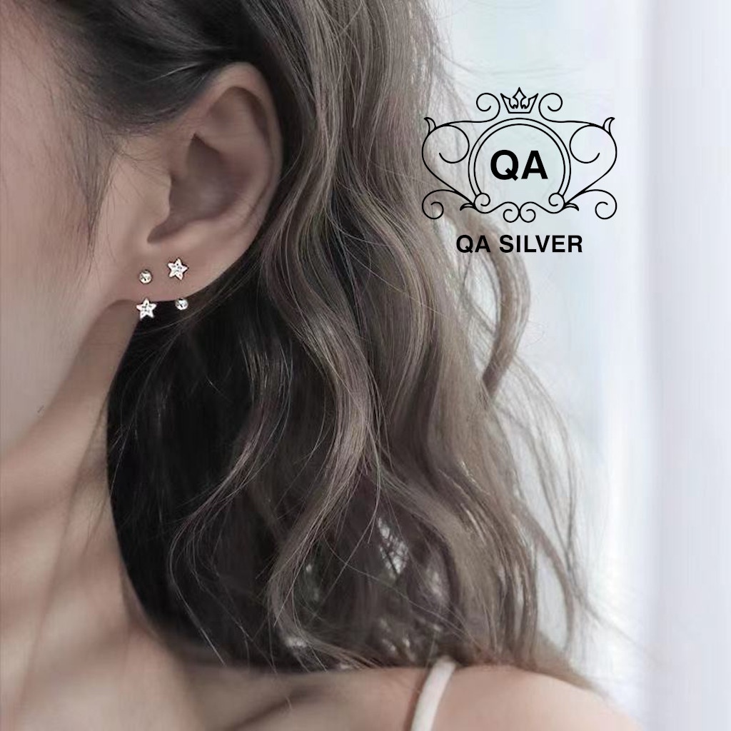 Khuyên tai bạc 925 ngôi sao đính đá chốt bi vặn bông treo nam nữ S925 STAR Silver Earrings QA SILVER EA211001