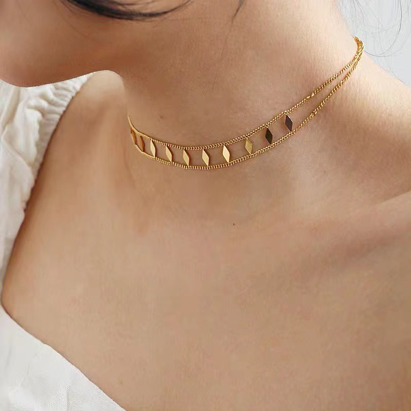 Dây Chuyền Hai Lớp Bằng Thép Titan Mạ Vàng 18k Đính Kim Cương Phong Cách Âu Mỹ Đơn Giản Dễ Phối Đồ Làm Quà Tặng Sinh Nhật / Valentine