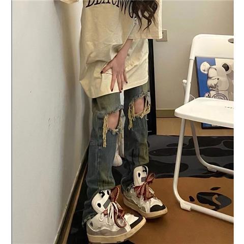 ◇┋✗Quần Jeans Dài Rách Gối Dáng Rộng Thời Trang Mùa Hè Phong Cách Hip Hop Đường Phố Cổ Điển Cho Nữ