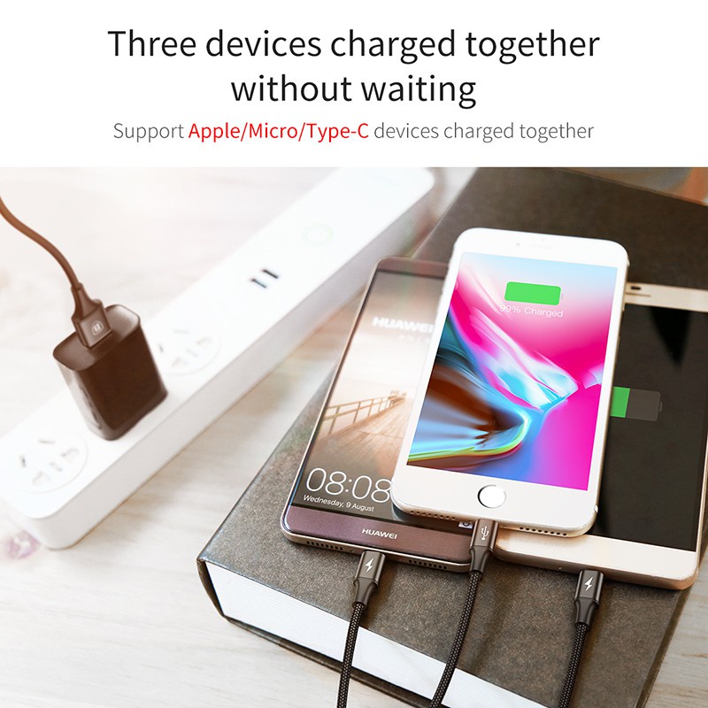 Dây sạc 3 đầu Baseus bọc dù type c micro usb lightning cáp 3 trong 1 cho iphone samsung xiaomi ...