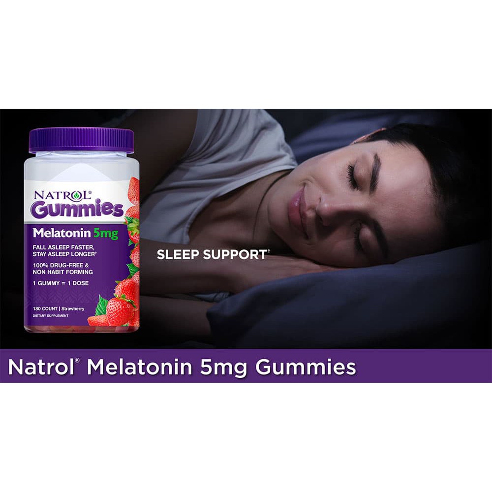 Kẹo dẻo ngủ ngon vị dâu Natrol Melatonin 5mg Sleep - 180 Viên