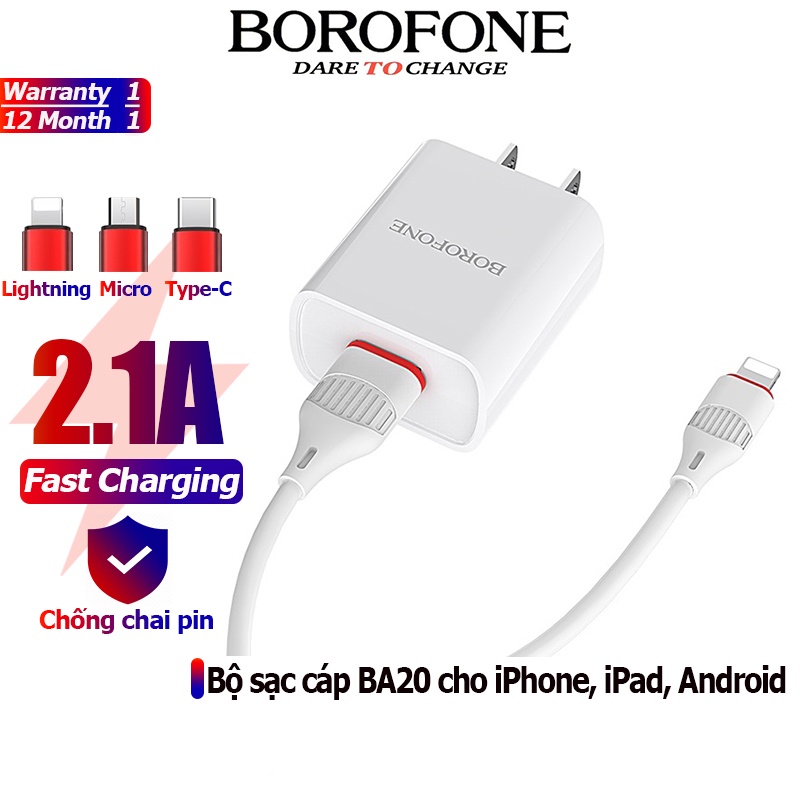 Bộ sạc cáp 2.1A BOROFONE BA20 đầu Lightning, Micro, Type-C full dòng iPhone, iPad, Android, dây dài 1m - Chính hãng