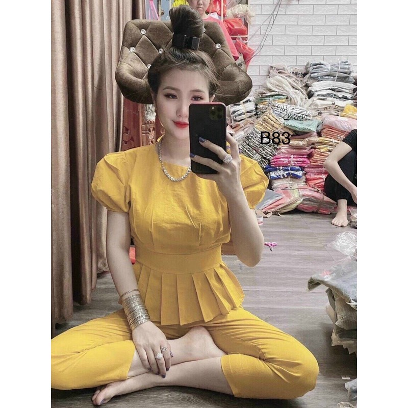 Sét đồ bộ đuôi loe ngắn tay cổ tròn