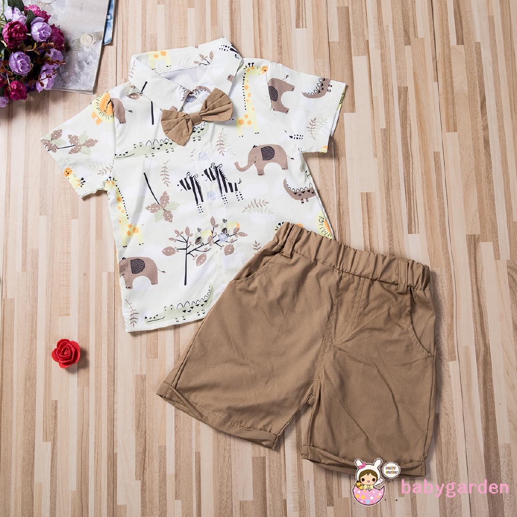Set áo sơ mi ngắn tay + quần short đính nơ đáng yêu cho bé trai