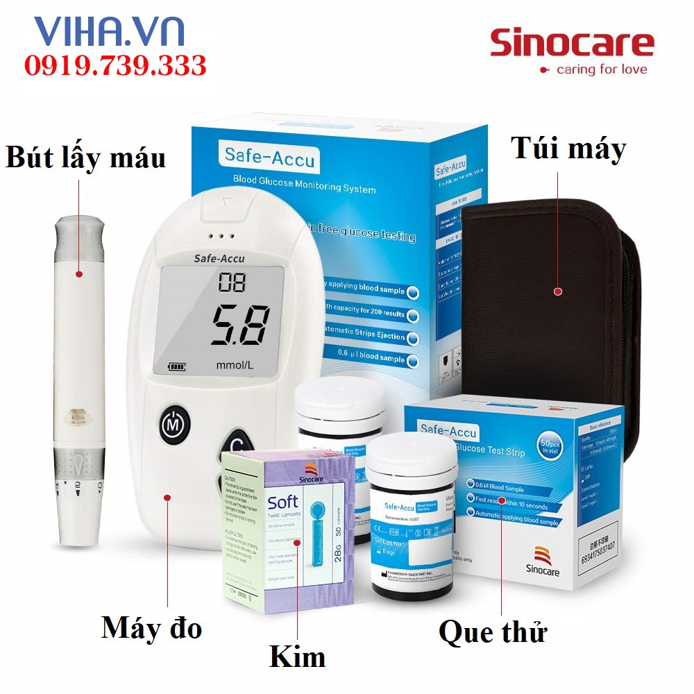 Máy đo đường huyết Sinocare - Safe Accu + 50 que thử + 50 kim lấy máu