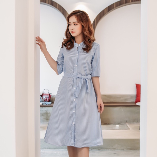 Váy cổ tàu kẻ sọc xanh trắng