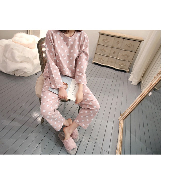 Set Đồ Ngủ Áo Tay Dài Hoạ Tiết Chấm Bi + Quần Dài | BigBuy360 - bigbuy360.vn