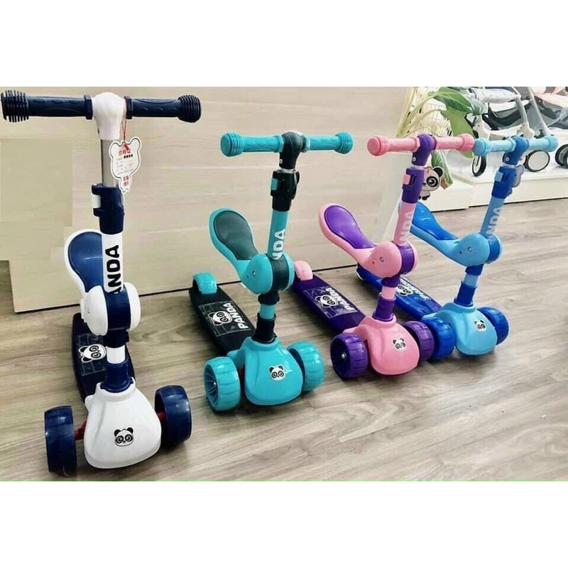 Xe trượt Scooter đa năng 2 in 1 có nhạc và đèn cho bé, Bảo hành 6 tháng, xe trẻ em scooter Panda chòi chân có ghế ngồi