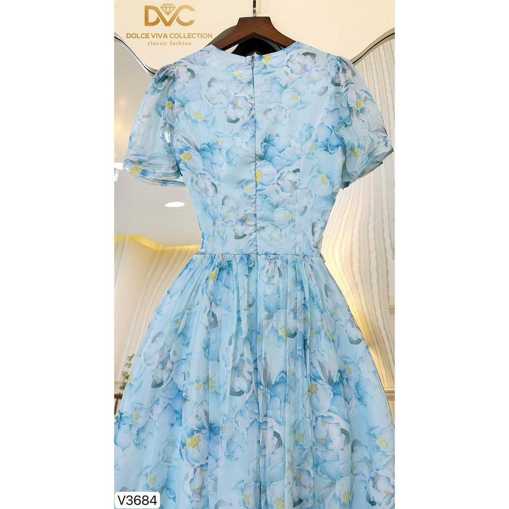 V3684 Váy voan xanh hoa nhí phối viền eo ngọc tiểu thư  váy đầm voan đi chơi, công sở