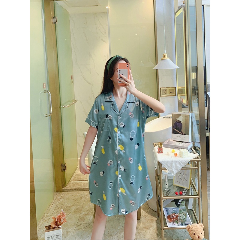 Đầm Ngủ Ngắn Tay In Họa Tiết Hoạt Hình Phong Cách Hàn Quốc Cho Nữ