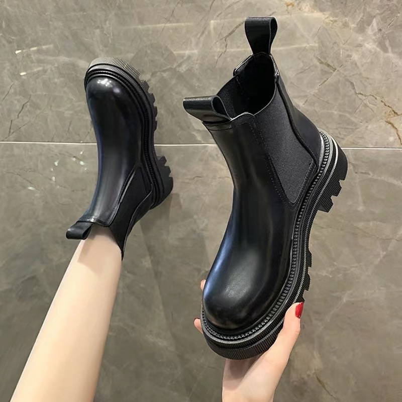 Boots nữ ulzzang cổ ngắn phối chun đế cao 5cm da trơn