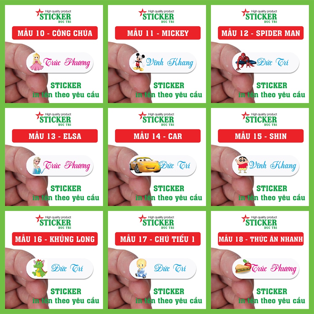 55 Sticker Miếng Dán Tem Tên Bé in theo yêu cầu  (Decal nhựa chống nước). M01-M20