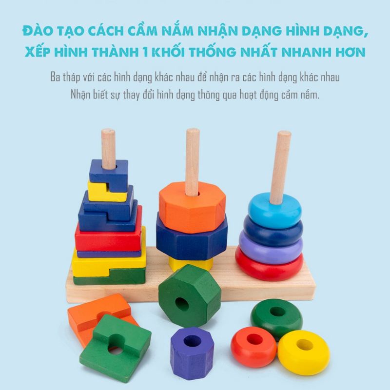Giáo cụ Montessori Tháp chồng 3 cọc gỗ bé