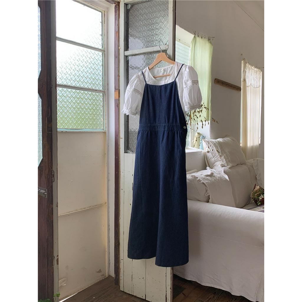 Set Áo Sơ Mi Tay Ngắn Phối Ren + Chân Váy Yếm Denim Phong Cách Hàn Quốc Thời Trang 53415