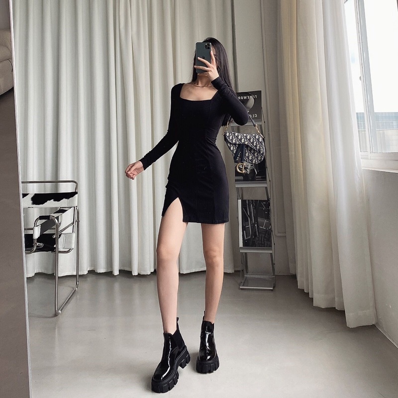Đầm Body Thun Xẻ Đùi Tay Dài Quyến Rũ Cho Nữ Phong Cách Basic