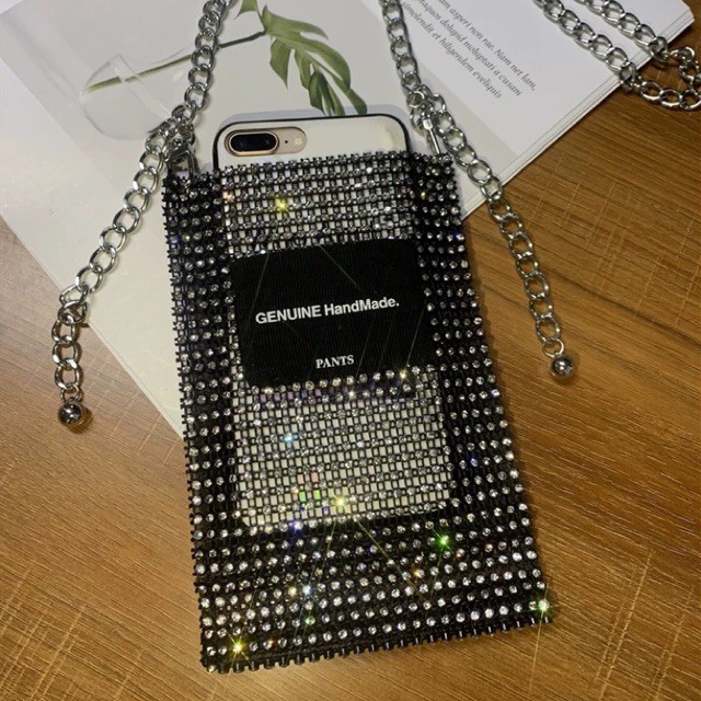 (Order-ảnh thật) Túi đựng điện thoại đính full đá phối dây xích độc, lạ, siêu xinh - handmade