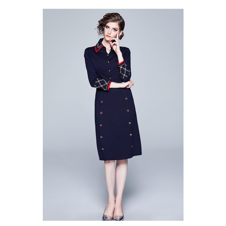 Đầm Midi Cài Nút Thêu Họa Tiết Phong Cách Vintage Chất Lượng Cao Cho Nữ