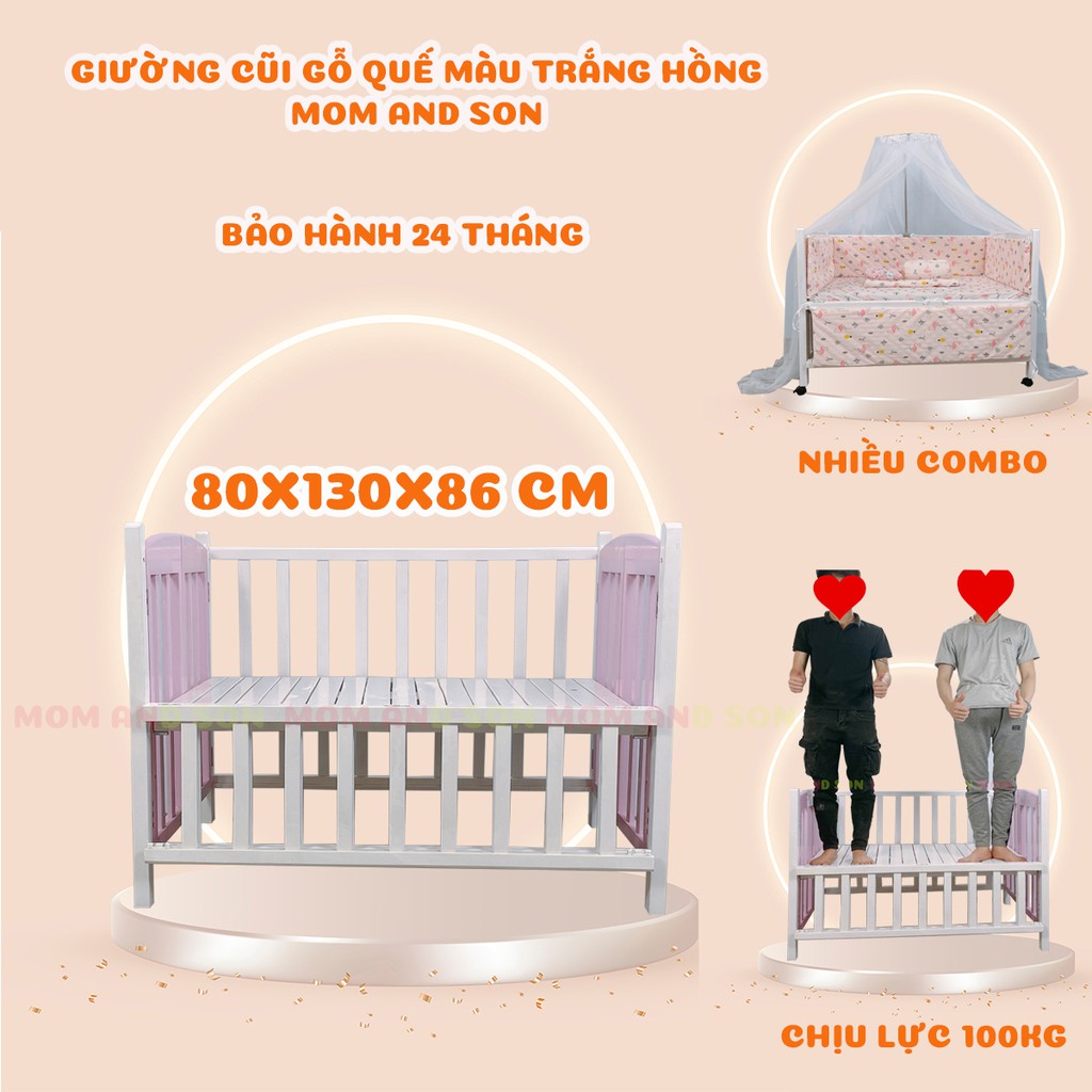 (Nhiều Combo) Giường Cũi Cho Bé MOM AND SON Gỗ Quế Tự Nhiên Xuất Khẩu Màu Trắng Hồng(80x130x86 cm)-BH 24 Tháng