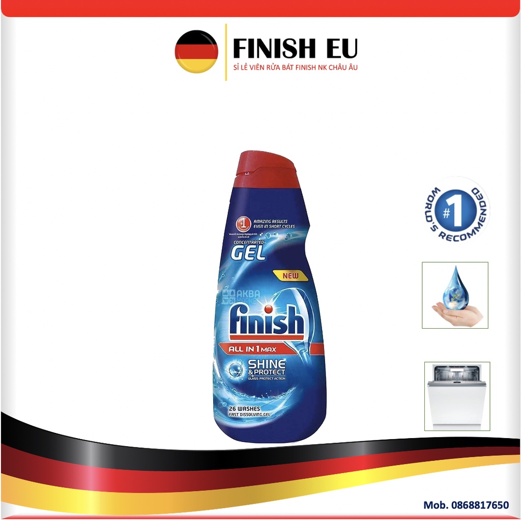 Gel rửa bát đậm đặc Finish All in 1 Max Shine & Protect - Chai 650ml  [RỬA SẠCH MẠNH MẼ] Ean 5997321732824