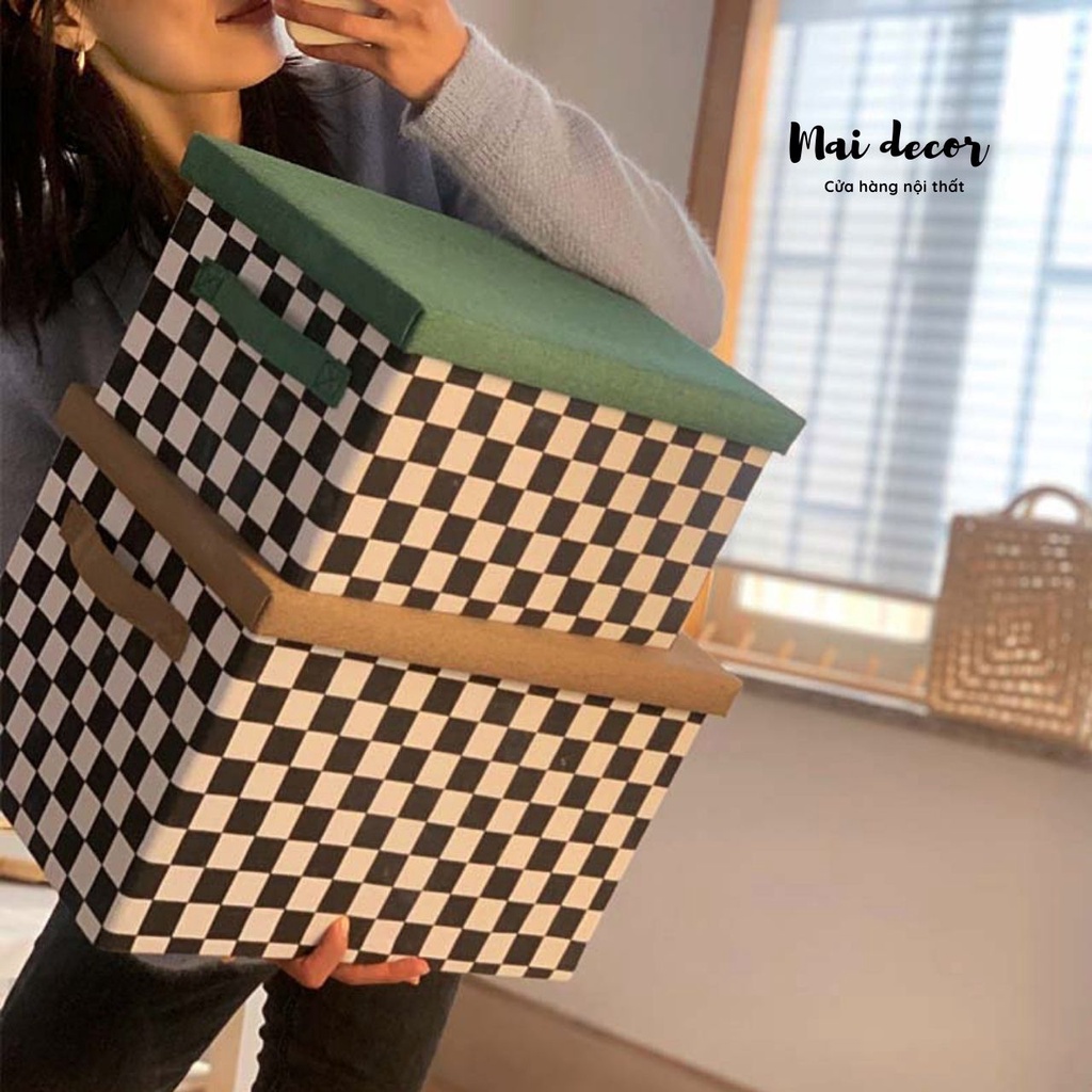 Hộp vải caro đựng đồ đa năng, khung cứng giữ form có nắp đậy