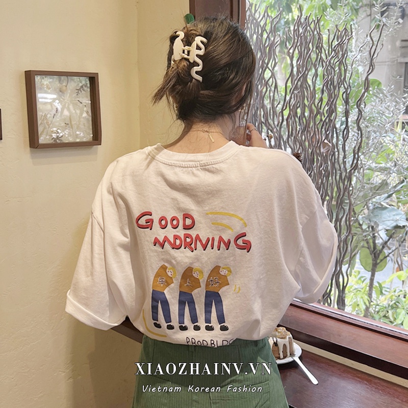 Áo thun XIAOZHAINV tay ngắn cổ tròn dáng rộng in họa tiết thời trang mùa hè cho nữ