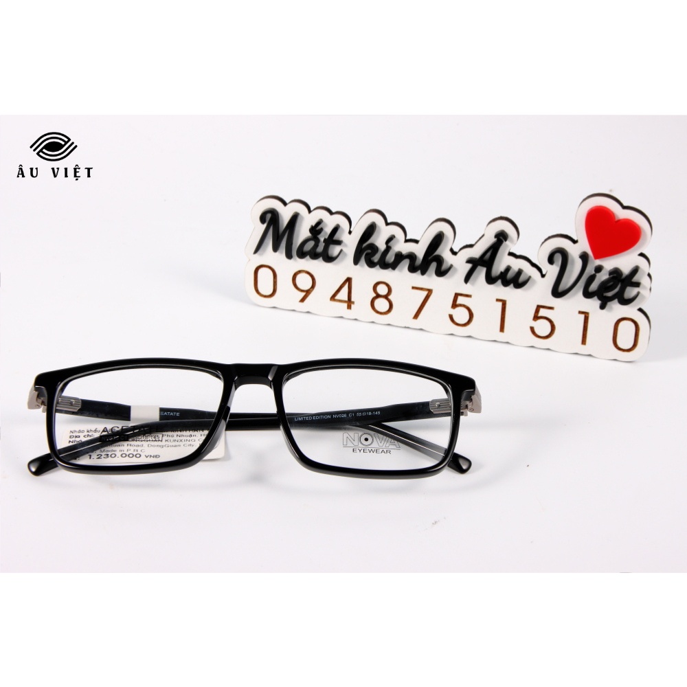 Gọng kính nam nữ nhựa acetate dáng chữ nhật vuông Nova NV-026 màu đen Full box