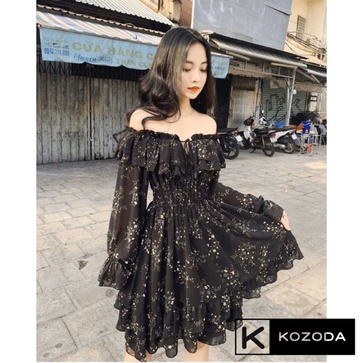 Váy Hoa Nhí Đầm Voan vintage Dáng Dài đẹp trễ vai bèo dài tay chun eo dáng xòe có lớp lót Quảng Châu kozoda d16 | BigBuy360 - bigbuy360.vn