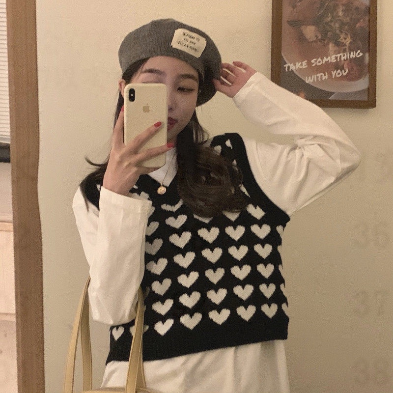 Áo Dệt Kim Sát Nách Cổ Chữ V In Hình Trái Tim Kiểu Retro Hàn Quốc Dễ Phối Đồ Cho Nữ