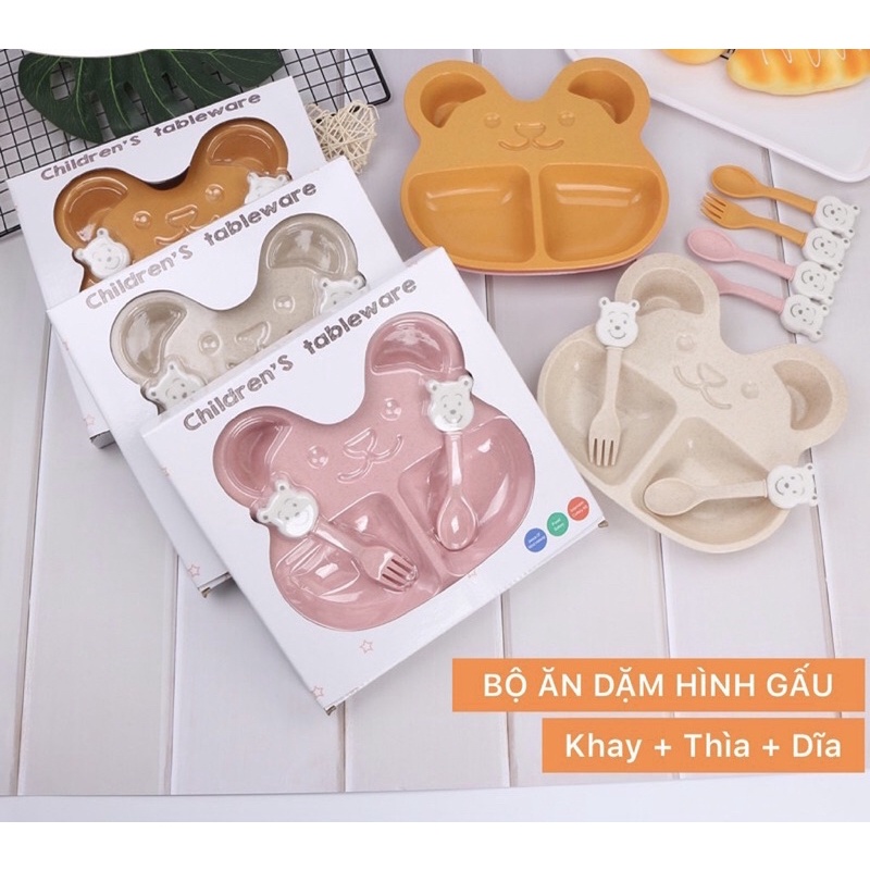 Khay ăn dặm hình gấu có hộp kèm thìa dĩa