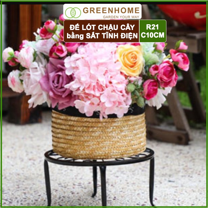 Đế lót chậu cây bằng sắt, R21xC10cm, hình tròn, sơn tĩnh điện, màu đen, uốn mỹ nghệ, bền, đẹp |Greenhome