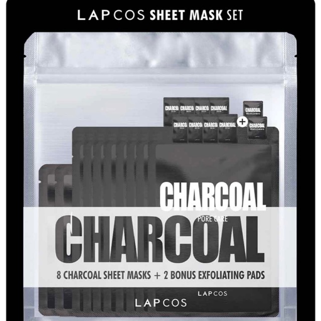Mặt Nạ Than Hoạt Tính Lapcos Charcoal Sheet Mask Set - mua 8 mặt nạ tặng 2 pad tẩy da chết (CHÍNH HÃNG MỸ)