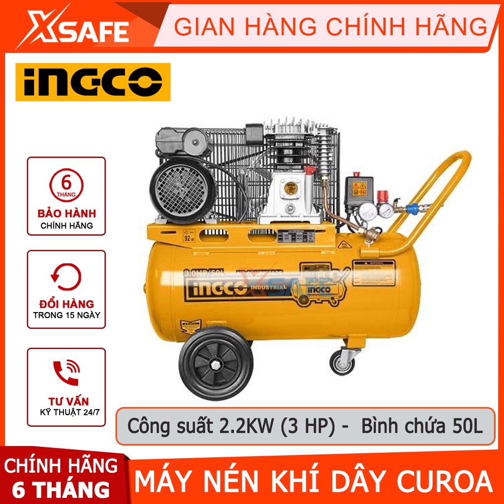 Máy nén khí dây curoa INGCO AC300508T công suất 2.2KW 3 HP, bình chứa 50L, dây curoa, bôi trơn dầu [chính hãng][xsafe]