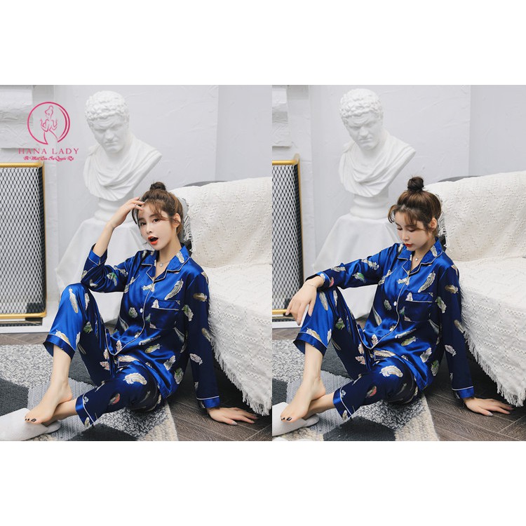 Đồ ngủ nữ, bộ ngủ pijama phi lụa họa tiết lông công PJ279