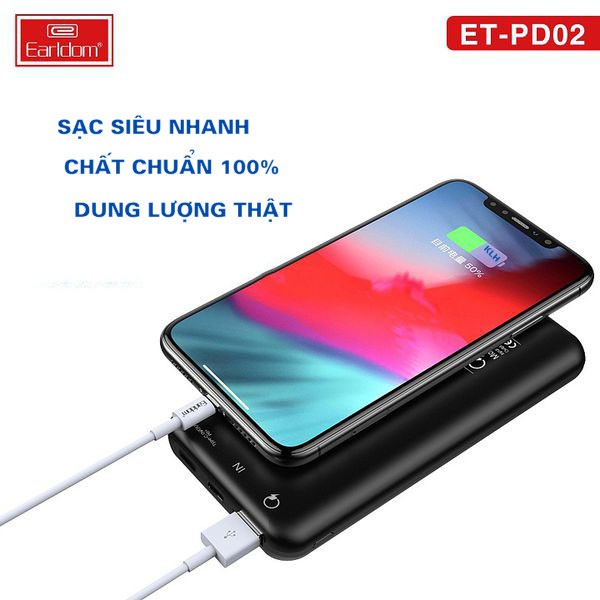 Pin sạc dự phòng 10.000 mAh, Pin tích điện tích hợp sạc nhanh Qualcomm 3.0 dung lượng chuẩn EU, Earldom PD 02 KLH