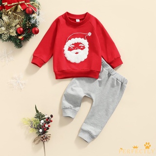 Set áo quần dài màu trơn thêu hình ông già Noel dễ thương PFT cho bé
