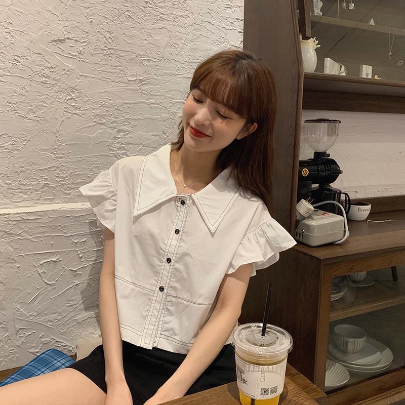 Anna's Summer 2021 new Korean version of the design sense niche lotus leaf side POLO collar short solid color short-sleeved shirt top girl